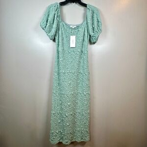 Worth Collective Mint Green Textured Puff Sleeve Midi Dress Coquette Cottagecore